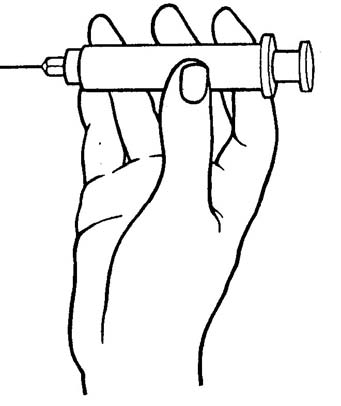 Hold barrel of syringe between thumb and index finger. 