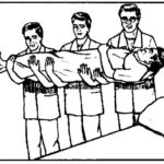 Figure 3-5C. Team members shown doing three-man carry of patient, bed to wheeled litter (continued).