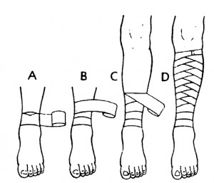 Figure 2-27. Applying a reverse spiral bandage to a lower leg.