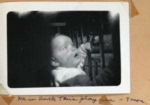 Karen inside the playpen her Uncle Tom had given her, April, 1943.