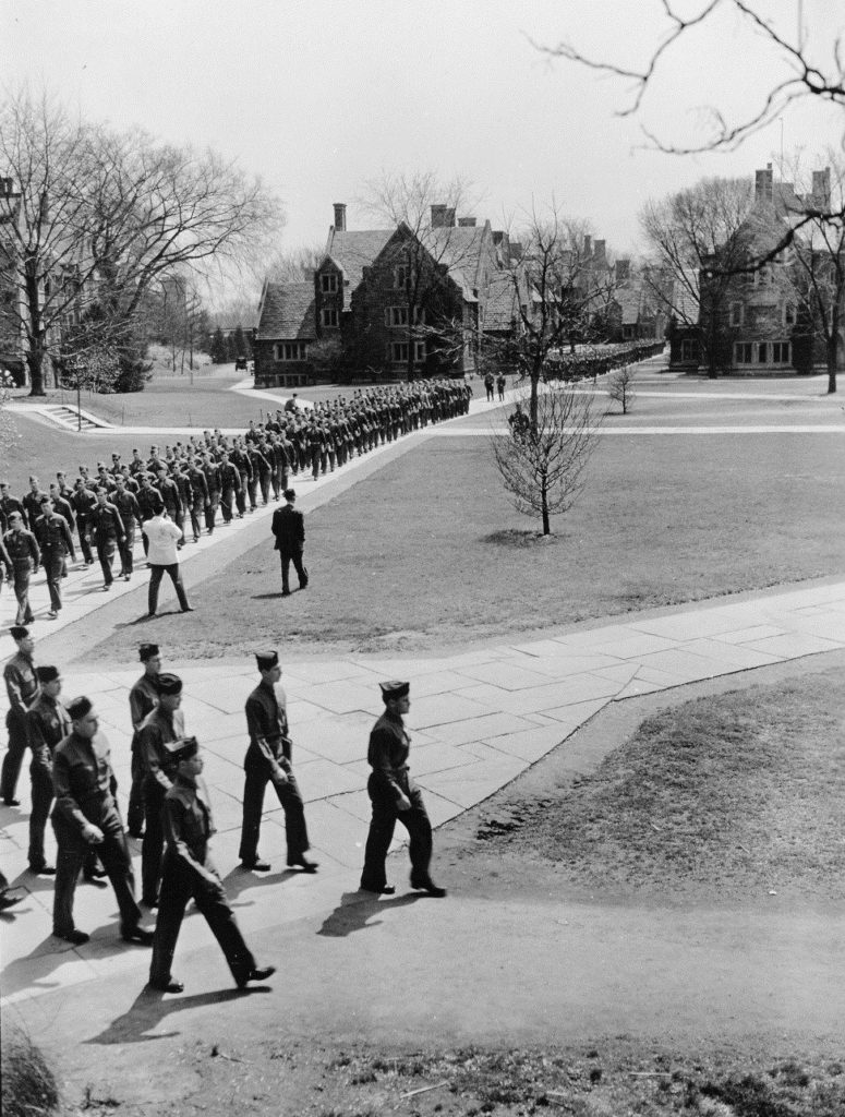 Army Special Training Program cadets at Princeton University, below Blair Arch, during WWII.
