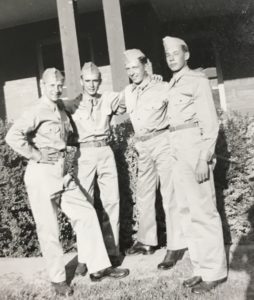 Sam Ashcroft (3rd from left) in front of East Hall at Arizona State College in the spring of 1943. With Sam are his roommates in the Aviation Cadet Training Program, Tom Cartmell, Jack Brink, and George Bollen.