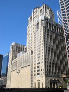 Rear facade of the Civic Opera House, formerly the Kemper Building, and even formerly, the Insull building
