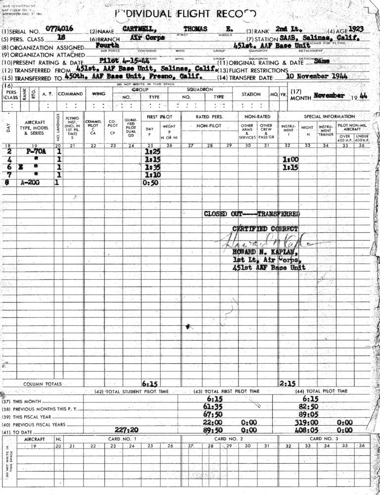 AAF Form No. 5, November, 1944 | 2LT Thomas E. Cartmell USAAF