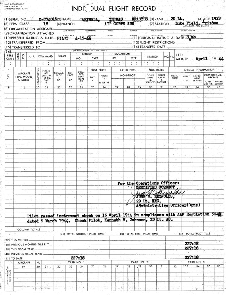 AAF Form No. 5, April, 1944 | 2LT Thomas E. Cartmell USAAF