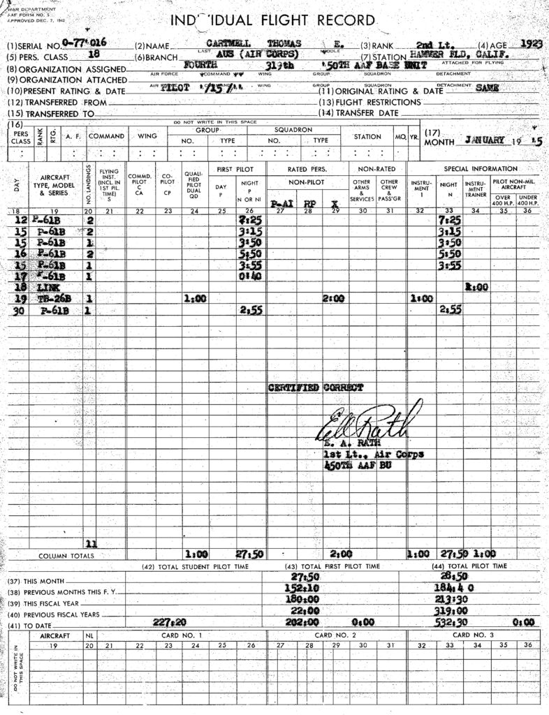 AAF Form No. 5, January, 1945 | 2LT Thomas E. Cartmell USAAF