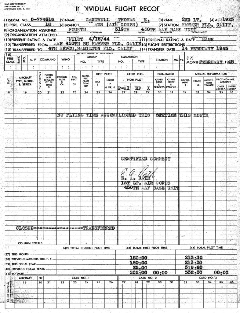 AAF Form No. 5, February, 1945 | 2LT Thomas E. Cartmell USAAF