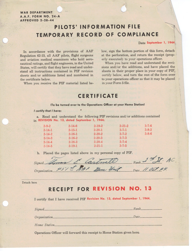 Pilot Information File Certificate