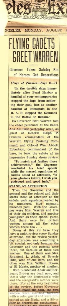 Newspaper clipping of Governor Earl Warren's visit to Santa Ana Army Air Base