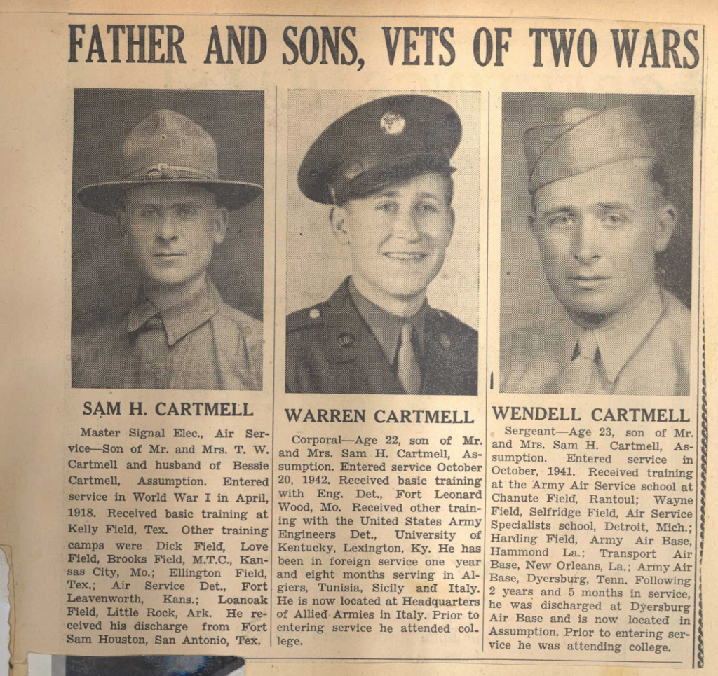 Newspaper clipping of Warren Cartmell, his brother Wendell Cartmell, and their father, Sam Cartmell. Sam Cartmell and Doctor Cartmell were brothers.