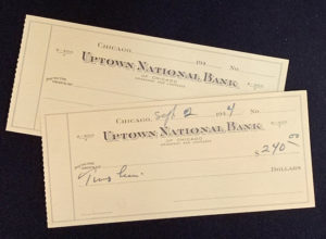 These two blank checks were included in the envelope. Since they were from a Chicago bank, and Dr. Cartmell's handwriting, it's unclear why these were here.