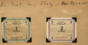 Italian Lira Tom sent to Zoe on March 15, 1945. She removed these from his letter and saved them in the scrapbook she had for him.