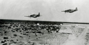 P-51 Mustangs flying over ground targets, Gila Bend AAF
