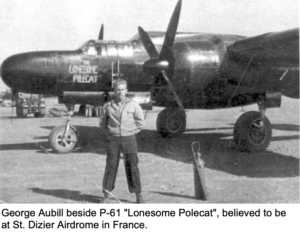 George Aubrill in front of his P-61, "Lonesome Polecat" some time before April 26, 1945.
