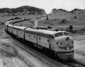 Photo of the diesel-powered, streamlined version of the Union Pacific train The Challenger as it prepared to return to the rails. The train had been discontinued during World War II and was brought back into service January 10, 1954.