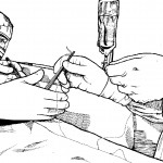 Figure 4-5. Scrub passing a threaded suture in a needle holder.