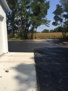 After regrading and smoothing the ground, they played landscapers fabric down and nailed it in place.